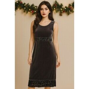 VTG Women’s Y2K Slip Dress Slinky‎ Black Velvet Burnout Floral Sz Lg Whimsigoth